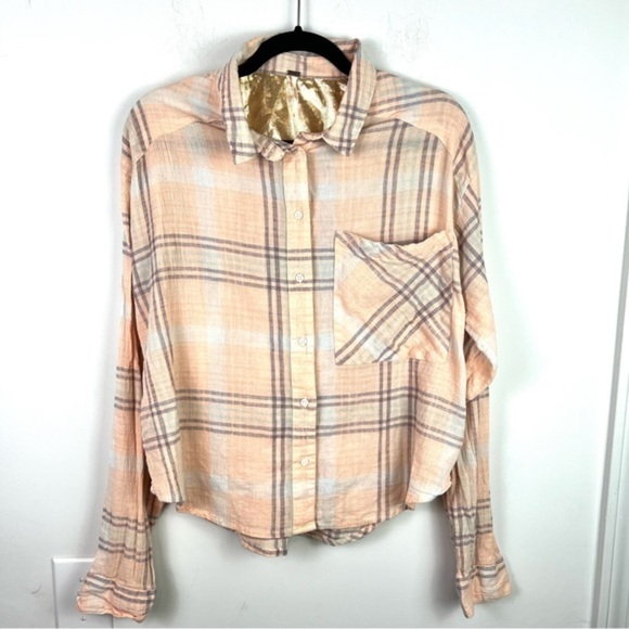 Free People Womens Button Up Shirt Large Peach Plaid Relaxed Dolman Sleeve Crop - Picture 2 of 9